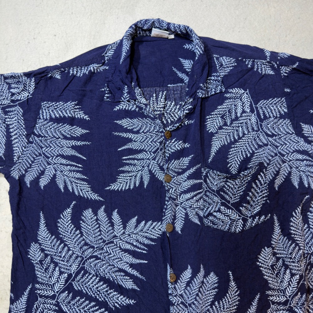 Makai Beach Hawaii Mens XXL Navy Blue White Fern Leaf Hawaiian Shirt RN‎ 121732